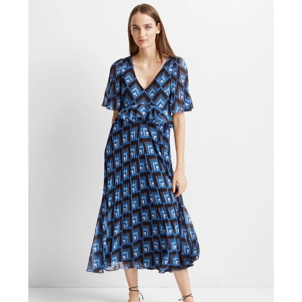 Club Monaco Blue Geometric Pleated Midi Dress Flutter Sleeve V-Neck Size 00 NWT